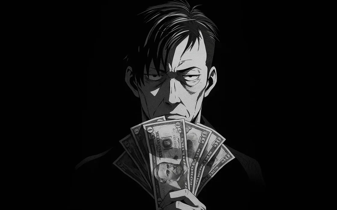 A Noir Story, Illustration einer Figur mit aufgefächerten Geldscheinen